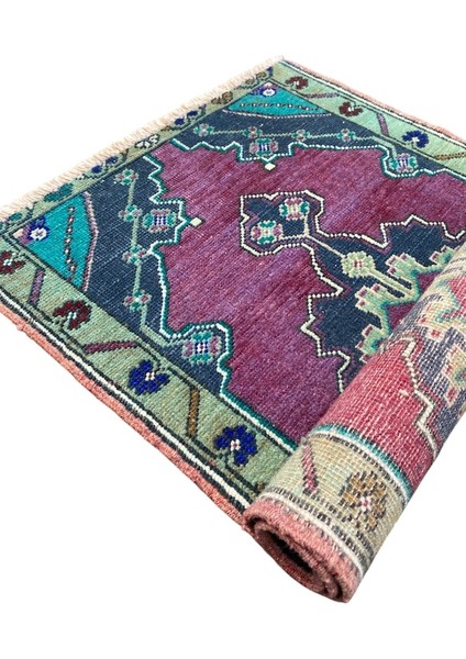 El Dokuma Küçük Vintage Halı 50X82 Mor Yeşil Yün Eskitme Halı indirimleri