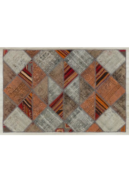 Kahverengi Patchwork Etnik Modern Desenli Yün Hav Toz Vermez Leke Tutmayan Salon Yolluk Mutfak El Dokuma Halı