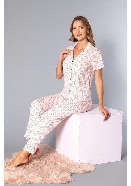 Boydan Düğmeli Kısa Kollu Gömlek Pijama Takımı - Yazlık Puan Desenli Yumuşak Milan Kumaş - Poppy 58-04 modelleri