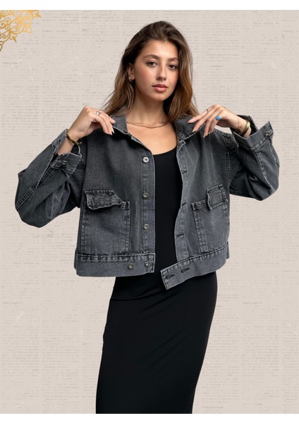 Çift Cep Beli Düğmeli Denim Ceket - Regular Fit, Gömlek Yaka, Astarsız modelleri