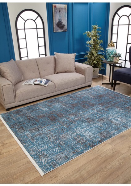 Barlinek Mavi Çizgili Etnik Modern Desenli Makinada Yıkanabilir Hav Toz Vermez Leke Tutmayan Kaymaz Taban Dijital Makine Baskı Salon Yolluk Mutfak Halı fiyatları