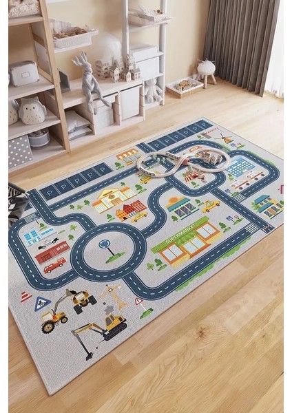 Dijital Kaymaz Yıkanabilir Arabalı Yol Haritası Oyun Halısı Çocuk Odası Halısı Oyun Matı DC-9134