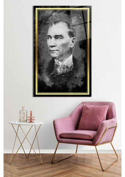 Gold Şeritli Siyah Beyaz Atatürk Imzalı Cam Tablo, Darbelere Dayanıklı Kırılmaz Cam, Hediyelik fiyatları
