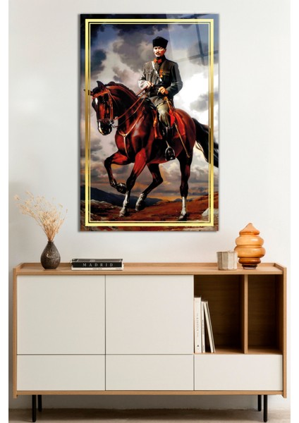 Gold Şeritli At Üzerinde Atatürk Portresi Cam Tablo, Darbelere Dayanıklı Kırılmaz Cam, Hediyelik