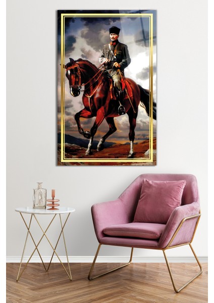 Gold Şeritli At Üzerinde Atatürk Portresi Cam Tablo, Darbelere Dayanıklı Kırılmaz Cam, Hediyelik fiyatları