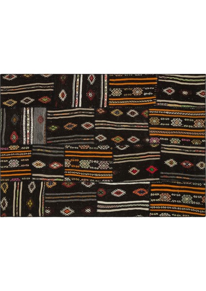 Siyah Patchwork Etnik Modern Desenli Yün Hav Toz Vermez Leke Tutmayan Salon Yolluk Mutfak El Dokuma Halı modelleri