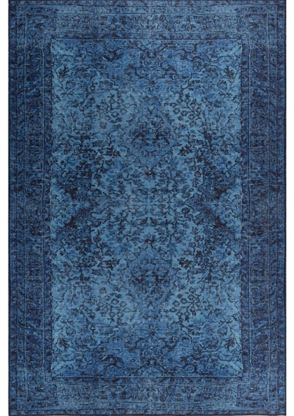 Newry Klasik Mavi Polyester Dikdörtgen Modern Desenli Pamuk Makinada Yıkanabilir Hav Toz Vermez Leke Tutmayan Kaymaz Taban Dijital Makine Baskı Salon Yolluk Mutfak Halı