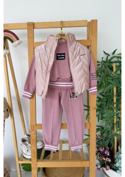 Parlak Yelekli Kol Yazı Detaylı Kız Çocuk 3 lü takım - Pembe