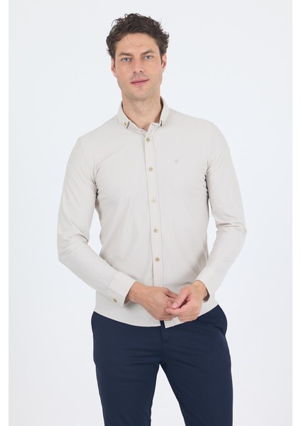 Taş Rengi Smart Düğmeli Yaka Uzun Kol Cepsiz Slim Fit Esnek Gömlek Gömlek 1004250252