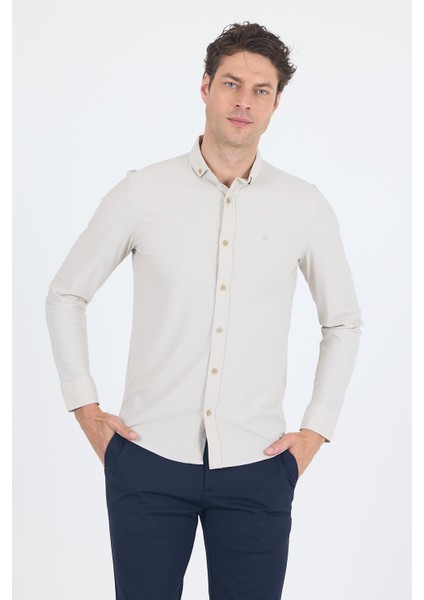 Taş Rengi Smart Düğmeli Yaka Uzun Kol Cepsiz Slim Fit Esnek Gömlek Gömlek 1004250252 modelleri