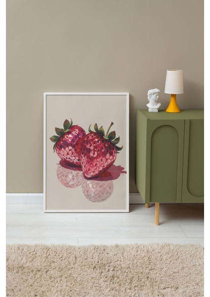 Beyaz Çerçeveli Tablo, Kristalize Çilek Illüstrasyonu, Mutfak Dekoru Poster No: 109414 fırsatları