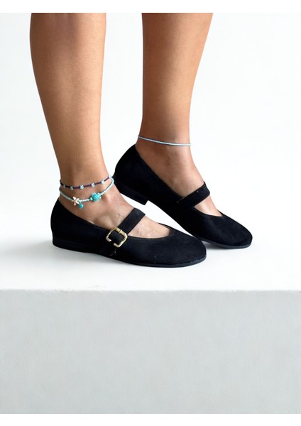 Siyah Süet Hakiki Deri Yuvarlak Burunlu Tokalı Kadın Babet modelleri