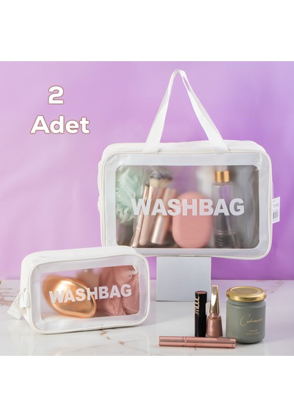 2li Şeffaf - Beyaz Seyahat ve Makyaj Çantası Su Geçirmez Organizer Washbag
