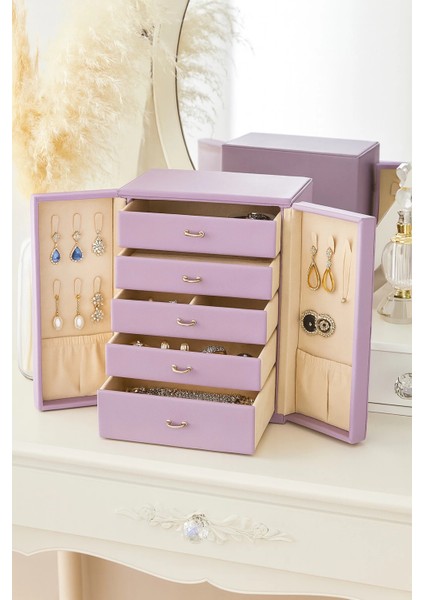 Dışı Deri Içi Kadife 5 Çekmeceli Takı Bijuteri Mücevher Kutusu Organizer Düzenleyici Lila Ithal Ürün