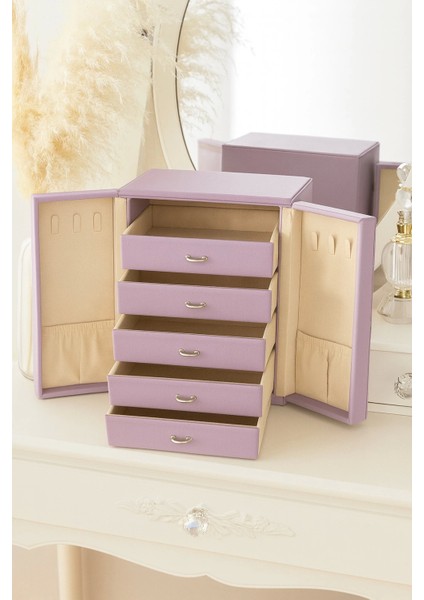 Dışı Deri Içi Kadife 5 Çekmeceli Takı Bijuteri Mücevher Kutusu Organizer Düzenleyici Lila Ithal Ürün fiyatları