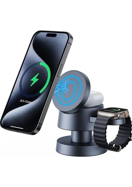 4 Ü 1 Arada Şarj Istasyonu - Telefon, Saat, Kulaklık ve Gece Lambası Özelliğiyle Şık ve Pratik Tasarım, Hızlı Şarj, Magsafe Uyumlu Stand