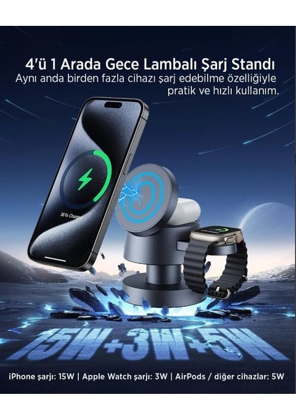 4 Ü 1 Arada Şarj Istasyonu - Telefon, Saat, Kulaklık ve Gece Lambası Özelliğiyle Şık ve Pratik Tasarım, Hızlı Şarj, Magsafe Uyumlu Stand fiyatları