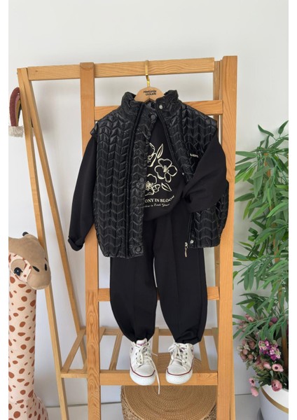 Çiçek Baskılı Desenli Yelekli Kız Çocuk 3 lü takım - Siyah