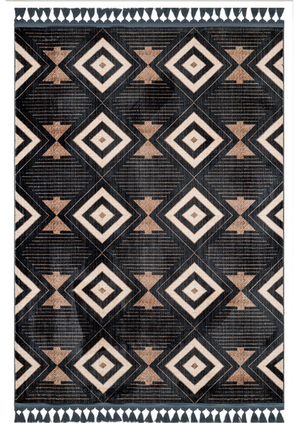 Prasoon Siyah Geometrik Etnik Modern Desenli Kadife Makinada Yıkanabilir Hav Toz Vermez Leke Tutmayan Kaymaz Taban Dijital Makine Baskı Salon Yolluk Mutfak Halı