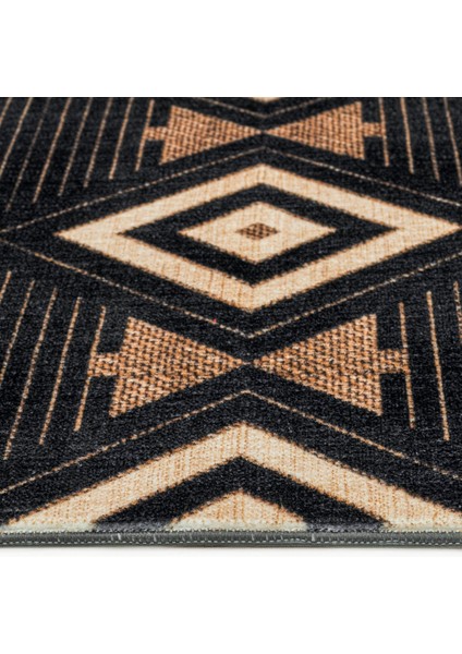 Prasoon Siyah Geometrik Etnik Modern Desenli Kadife Makinada Yıkanabilir Hav Toz Vermez Leke Tutmayan Kaymaz Taban Dijital Makine Baskı Salon Yolluk Mutfak Halı modelleri