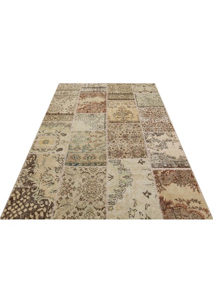 Bej Patchwork Etnik Modern Desenli Yün Hav Toz Vermez Leke Tutmayan Salon Yolluk Mutfak El Dokuma Halı