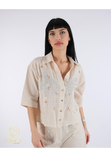 Çicek Nakışlı Kısa Kol Keten Gömlek modelleri