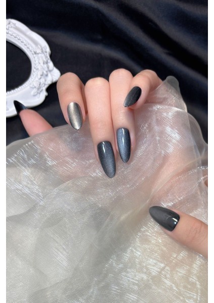 Small Beden Siyah Kedi Gözü Tırnak Orta Badem 10 Adet Takma Tırnak Seti Kutulu T139 modelleri