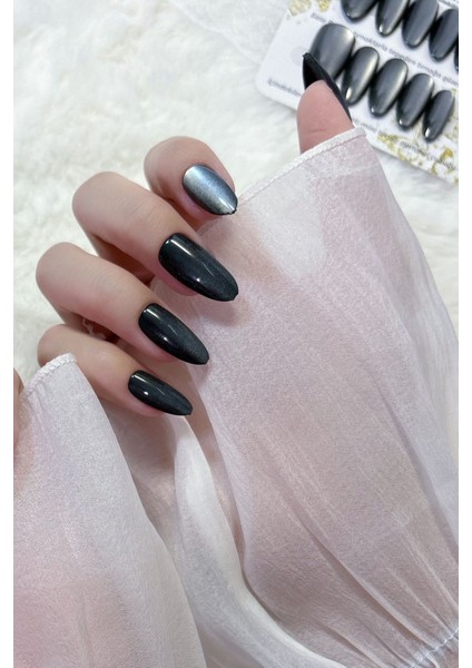 Small Beden Siyah Kedi Gözü Tırnak Orta Badem 10 Adet Takma Tırnak Seti Kutulu T139