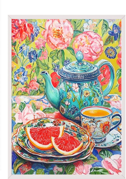 Beyaz Çerçeveli Tablo, Renkli Meyve Deseni Çizimi, Mutfak Dekoru Poster No: 109225