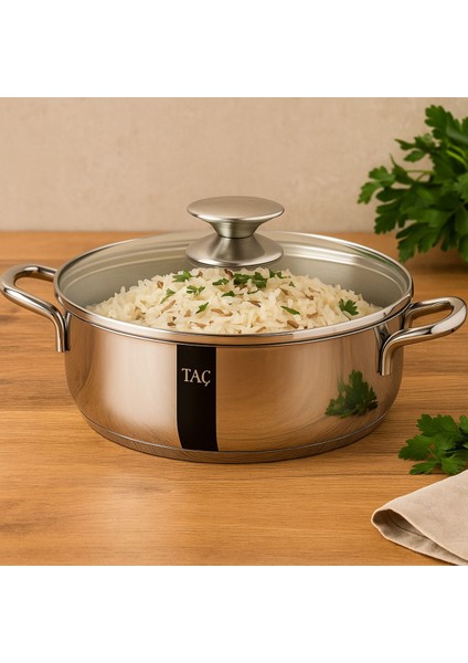 Bengü Pro 24 cm Basık Tencere – 2,5 Litre, 18/10 304 Paslanmaz Çelik, Parlak Yüzey