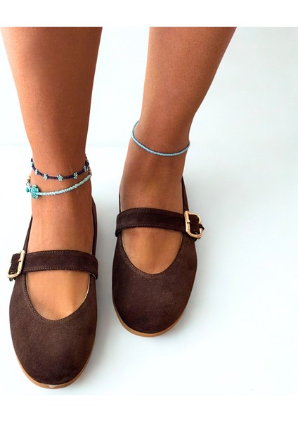 Kahve Süet Hakiki Deri Yuvarlak Burunlu Tokalı Kadın Babet