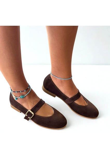 Kahve Süet Hakiki Deri Yuvarlak Burunlu Tokalı Kadın Babet fiyatları