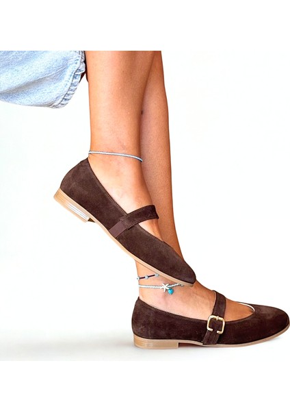 Kahve Süet Hakiki Deri Yuvarlak Burunlu Tokalı Kadın Babet modelleri