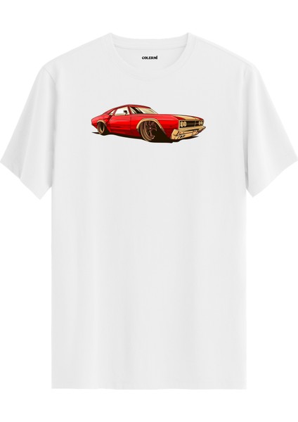 Klasik Araba Baskılı Retro Tarz %100 Pamuk Rahat Tişört