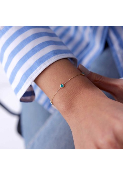 Turkuaz Mineli Sıra Kalp Bileklik