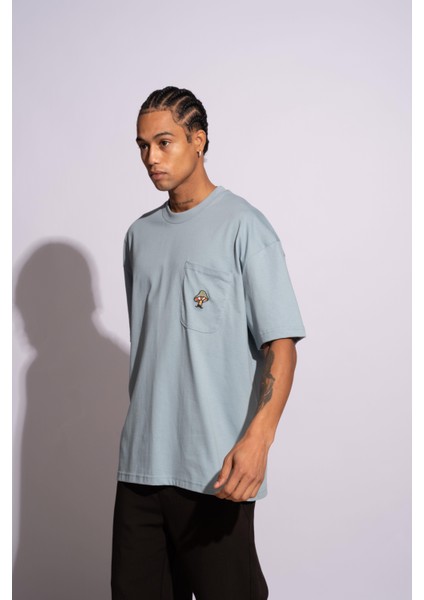 Erkek Oversize T-Shirt Mantar Mavi