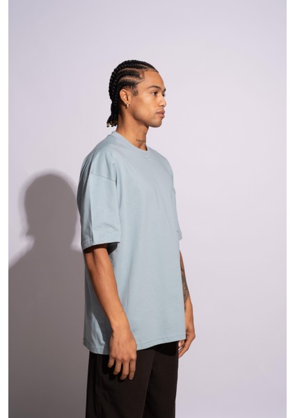 Erkek Oversize T-Shirt Mantar Mavi modelleri