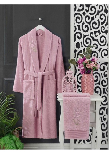 4 Parça Aile Bornoz Seti Kadın Erkek Havlulu Bornoz Takımı 100 Pembe Gri - L-Xl - Renkli