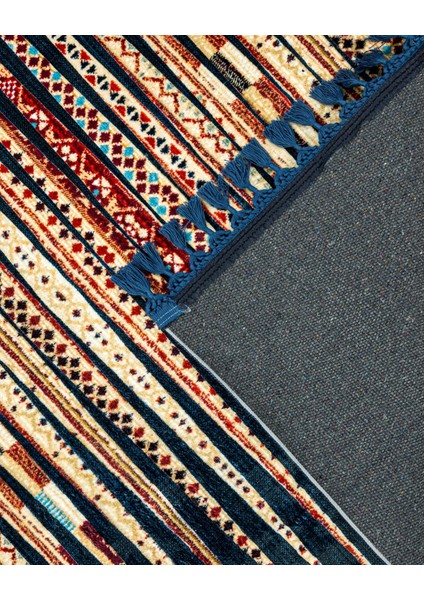 Prateeksha Lacivert Modern Etnik Desenli Kadife Makinada Yıkanabilir Hav Toz Vermez Leke Tutmayan Kaymaz Taban Dijital Makine Baskı Salon Yolluk Mutfak Halı fırsatları