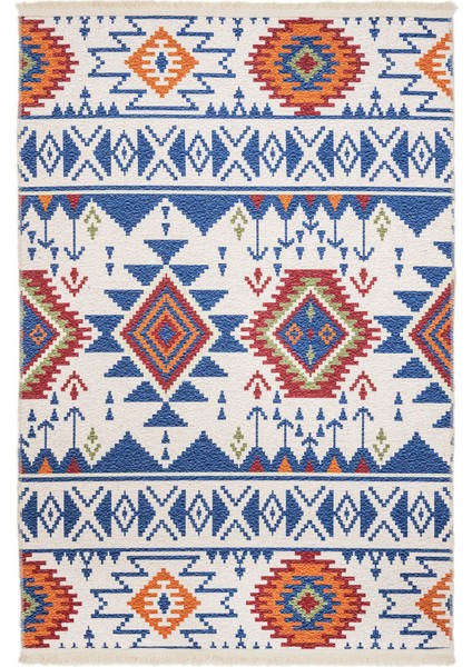 Nijmegen Etnik Mavi Polyester Dikdörtgen Modern Desenli Pamuk Makinada Yıkanabilir Hav Toz Vermez Leke Tutmayan Kaymaz Taban Dijital Makine Baskı Salon Yolluk Mutfak Halı