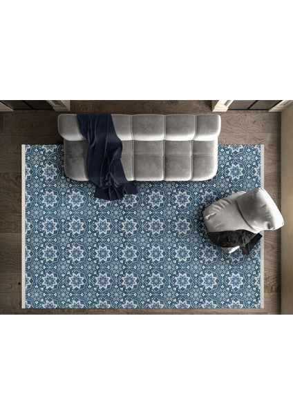Çiçekli Mavi Pamuk Dikdörtgen Modern Desenli Pamuk Makinada Yıkanabilir Hav Toz Vermez Leke Tutmayan Kaymaz Taban Dijital Makine Baskı Salon Yolluk Mutfak Halı fiyatları