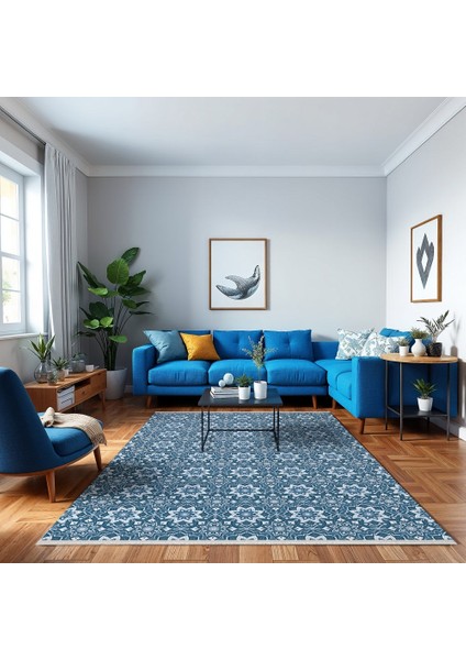 Çiçekli Mavi Pamuk Dikdörtgen Modern Desenli Pamuk Makinada Yıkanabilir Hav Toz Vermez Leke Tutmayan Kaymaz Taban Dijital Makine Baskı Salon Yolluk Mutfak Halı modelleri