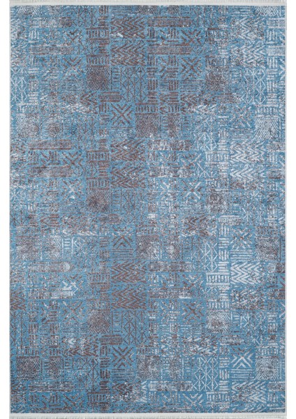 Barlinek Mavi Çizgili Etnik Modern Desenli Pamuk Makinada Yıkanabilir Hav Toz Vermez Leke Tutmayan Kaymaz Taban Dijital Makine Baskı Salon Yolluk Mutfak Halı