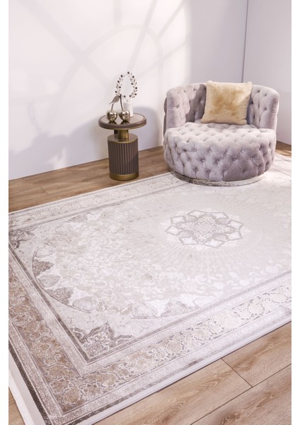 Pravalika Çerçeveli Bej Viskon Dikdörtgen Modern Desenli Akrilik Hav Vermeyen Leke Tutmayan Kolay Temizlenen Yumuşak Makine Salon Yolluk Mutfak Halı