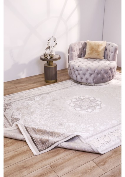 Pravalika Çerçeveli Bej Viskon Dikdörtgen Modern Desenli Akrilik Hav Vermeyen Leke Tutmayan Kolay Temizlenen Yumuşak Makine Salon Yolluk Mutfak Halı