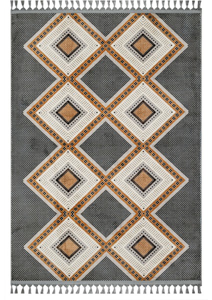 Pratyush Gri Geometrik Etnik Modern Desenli Bambu Makinada Yıkanabilir Hav Toz Vermez Leke Tutmayan Kaymaz Taban Dijital Makine Baskı Salon Yolluk Mutfak Halı