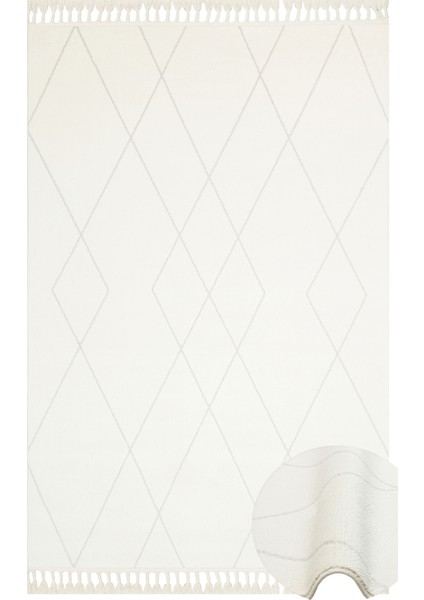 Qrendi Beyaz Geometrik Etnik Modern Desenli Mikro Hav Vermeyen Leke Tutmayan Kolay Temizlenen Yumuşak Makine Salon Yolluk Mutfak Halı