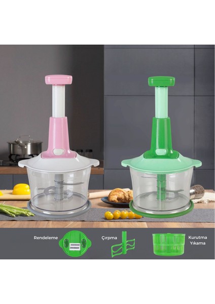 1,5 Litre 3 Bıçaklı Gıda Doğrayıcı & Karıştırıcı & Rendeleme & Yıkama, Kurutma Seti