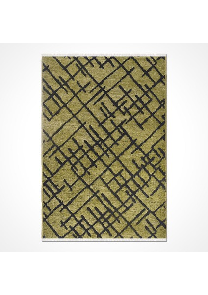 Harmony Yeşil Geometrik Etnik Modern Desenli Pamuk Hav Vermeyen Leke Tutmayan Kolay Temizlenen Yumuşak Makine Salon Yolluk Mutfak Halı