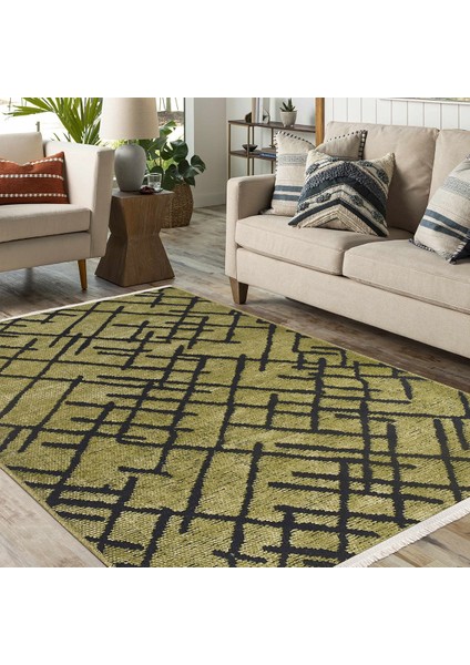 Harmony Yeşil Geometrik Etnik Modern Desenli Pamuk Hav Vermeyen Leke Tutmayan Kolay Temizlenen Yumuşak Makine Salon Yolluk Mutfak Halı indirimleri